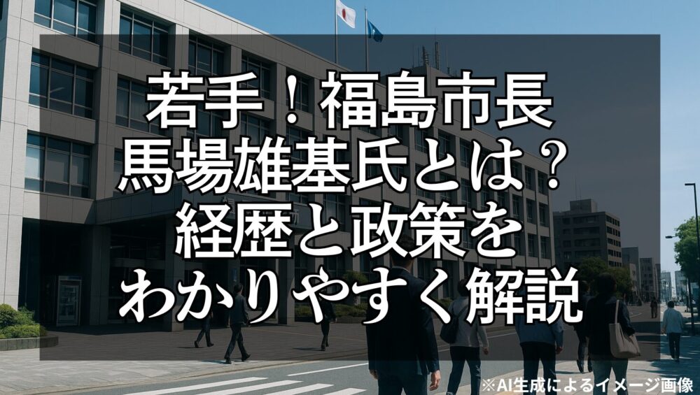 福島市役所の前を、市民が歩いて行く様子を青空の下で撮影した写真。市役所の建物と通りを歩く人々が写り、クールな青系の雰囲気が漂う。