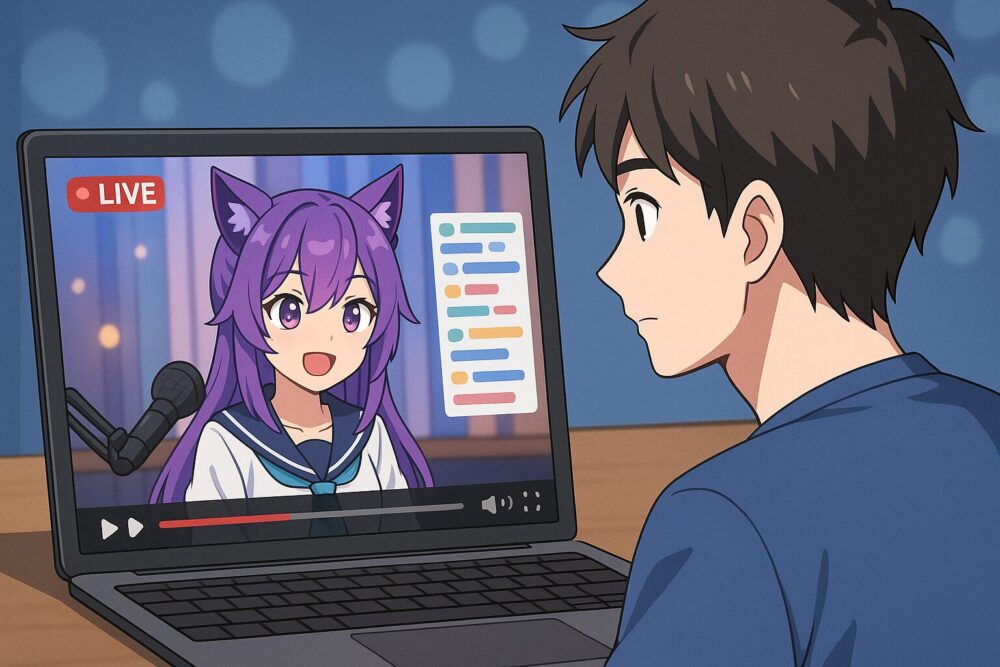 Vtuber風キャラクターがライブ配信を行い、20代の男性視聴者がパソコン画面でその配信を見ているアニメ風イラスト