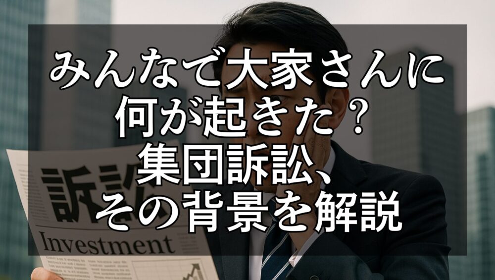 「訴訟」の見出しが載った新聞を見て驚く表情の日本人男性投資家。背景には高層ビル群が並び、不動産投資や訴訟問題のニュースを象徴している。